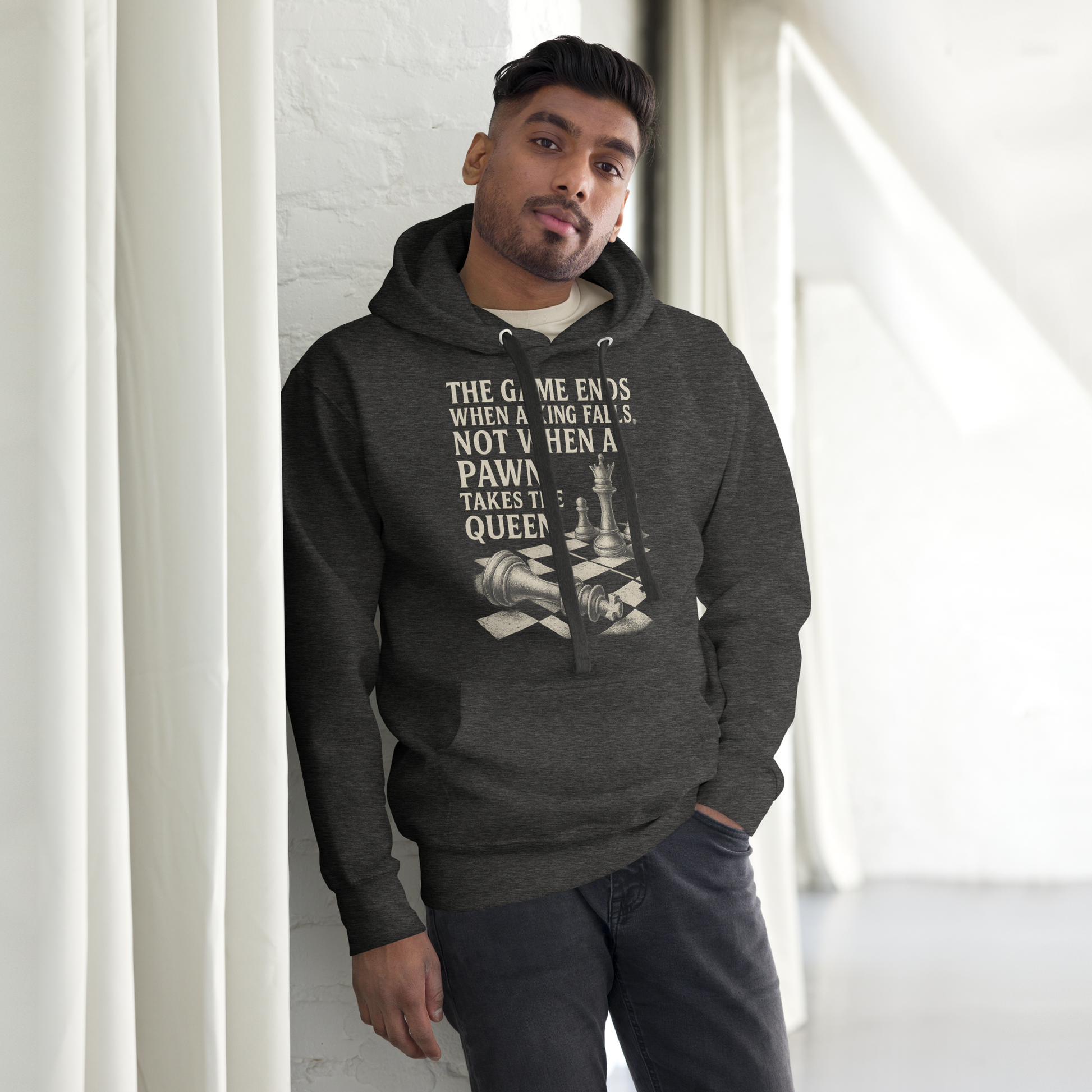 "The Game Ends When a King Falls" Chess Quote Hoodie – Black Streetwear