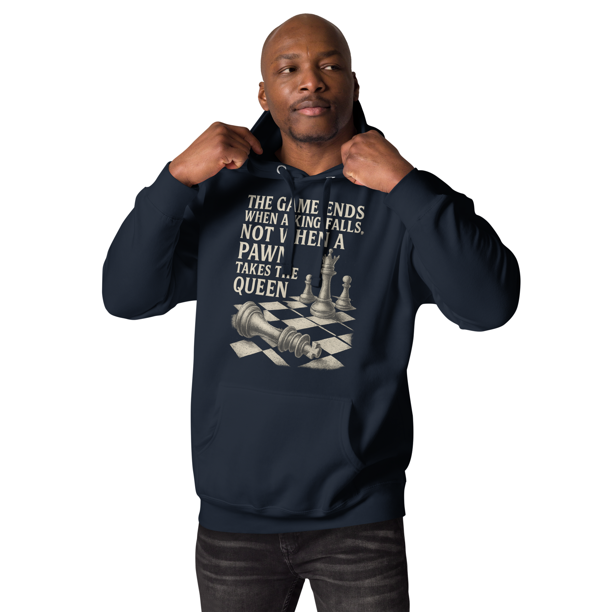 "The Game Ends When a King Falls" Chess Quote Hoodie - Black Streetwear
