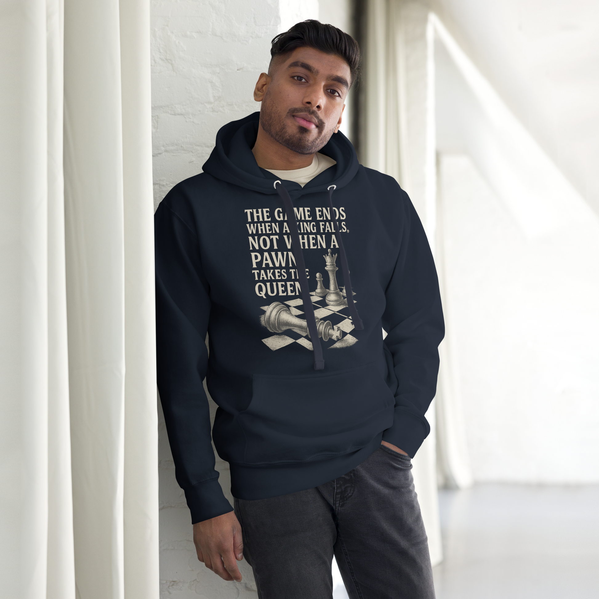 "The Game Ends When a King Falls" Chess Quote Hoodie – Black Streetwear